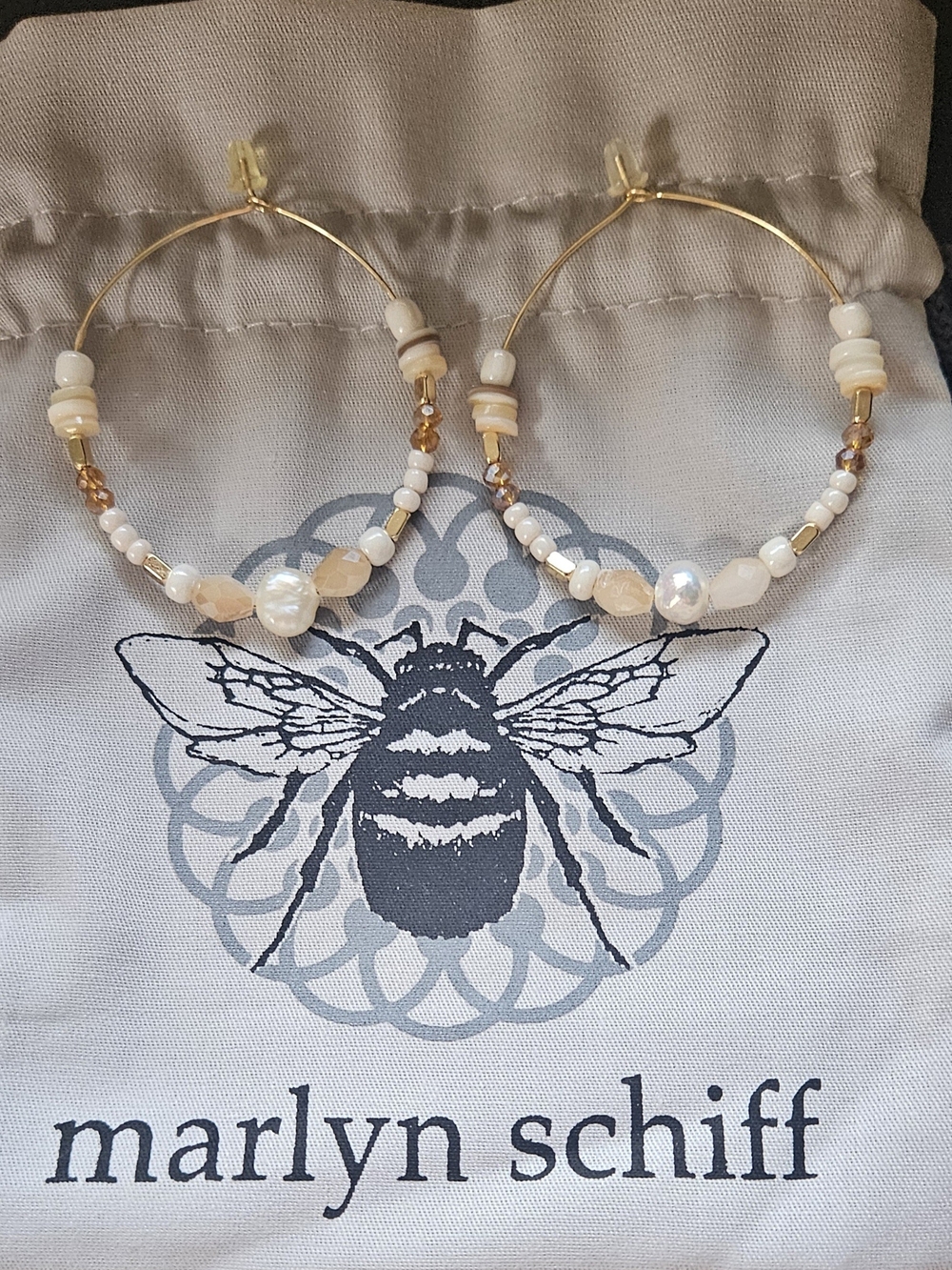 Marlyn Schiff Cream and Gold Beaded Hoop Earrings with Pearl Accent